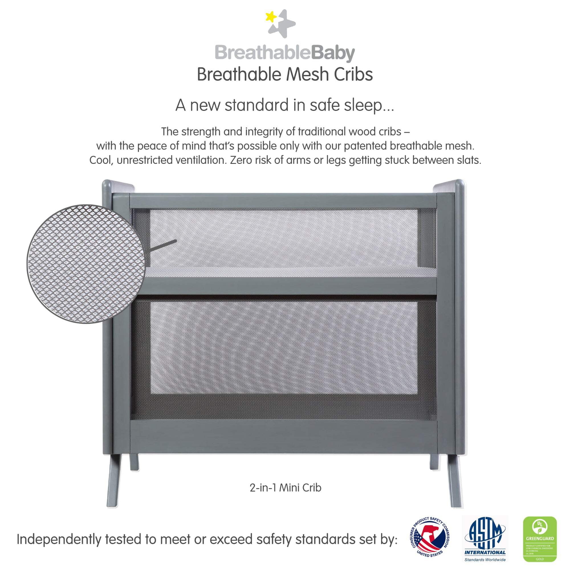 BreathableBaby 2-in-1 Breathable Mesh Mini Crib with Mattress, Gray, Greenguard Gold Certified