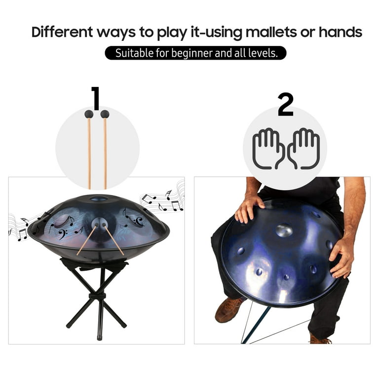 10 Notes Handpan Drum 22-inch Stainless Steel Drum Hand Drum with Mallets  Stand Carrying Case for Beginner All Levels