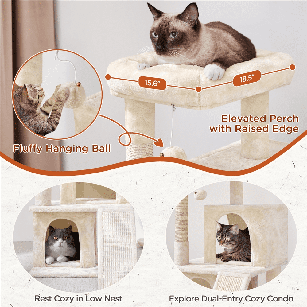 Yaheetech 36'' H Cat Tree Tower with Double Condos Scratching Posts Sisal Rope Furry Ball, Beige