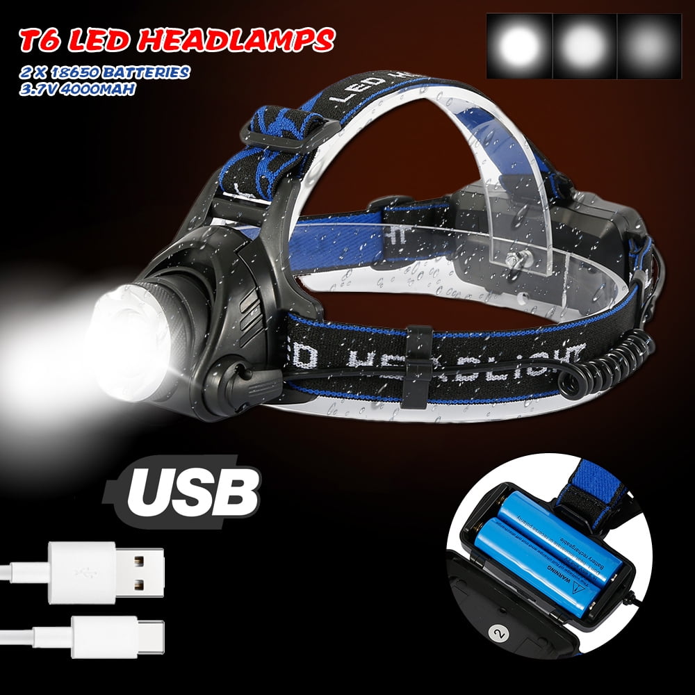 Headlamp T6 LED USB Rechargeable Headlight Hands Free Flashlight 2 Option 