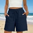 thumbnail image 4 of Brnmxoke Womens Linen Comfortable Shorts Plus Size Casual Summer High Waisted Drawstring Shorts Loose Fit Beach Vacation Bottoms with Pocket Navy,L, 4 of 8