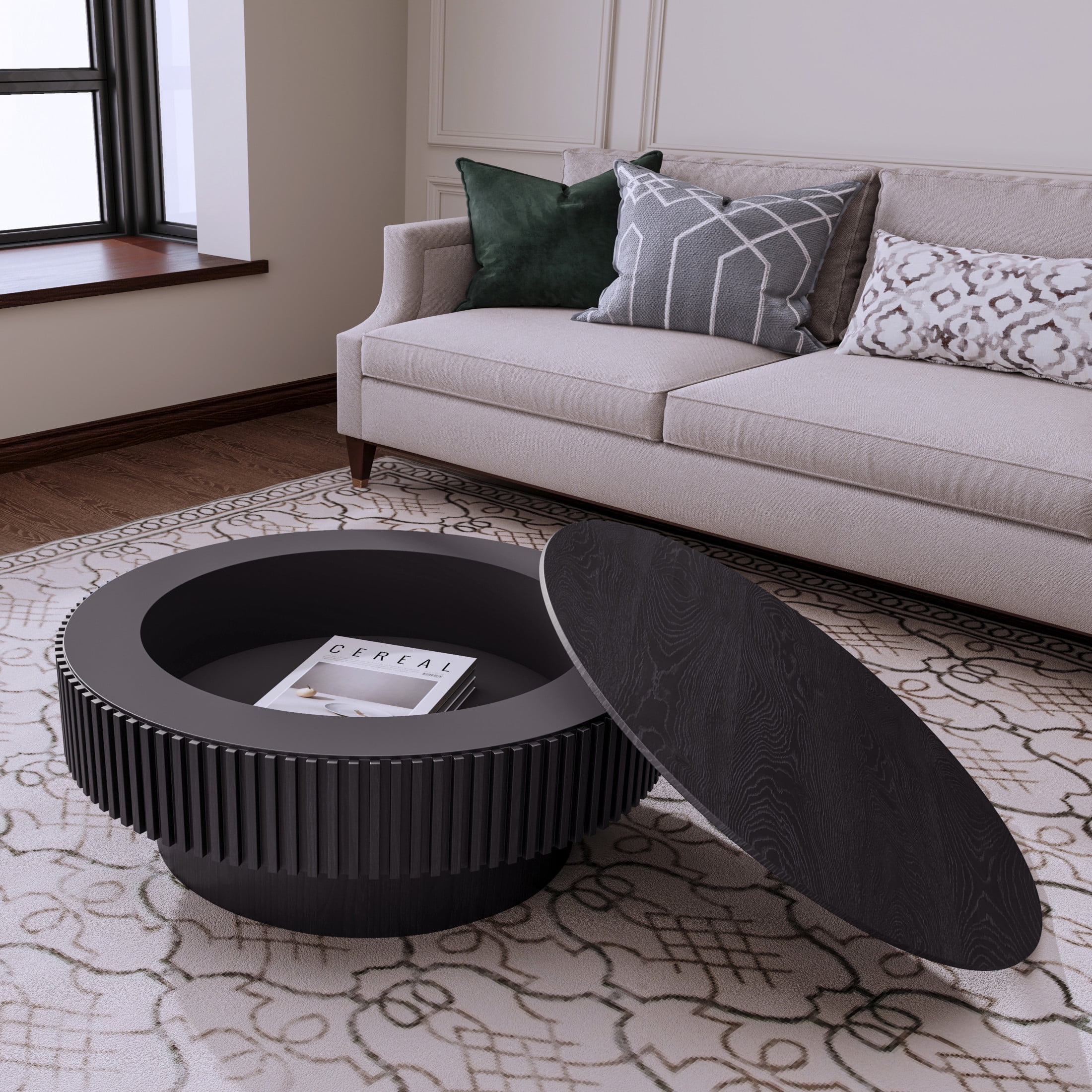 Noble House Leigh 31.5'' Round Modern Coffee Table with Hidden Storage, Solid Wood Veneer, Accent Tea Table, Black