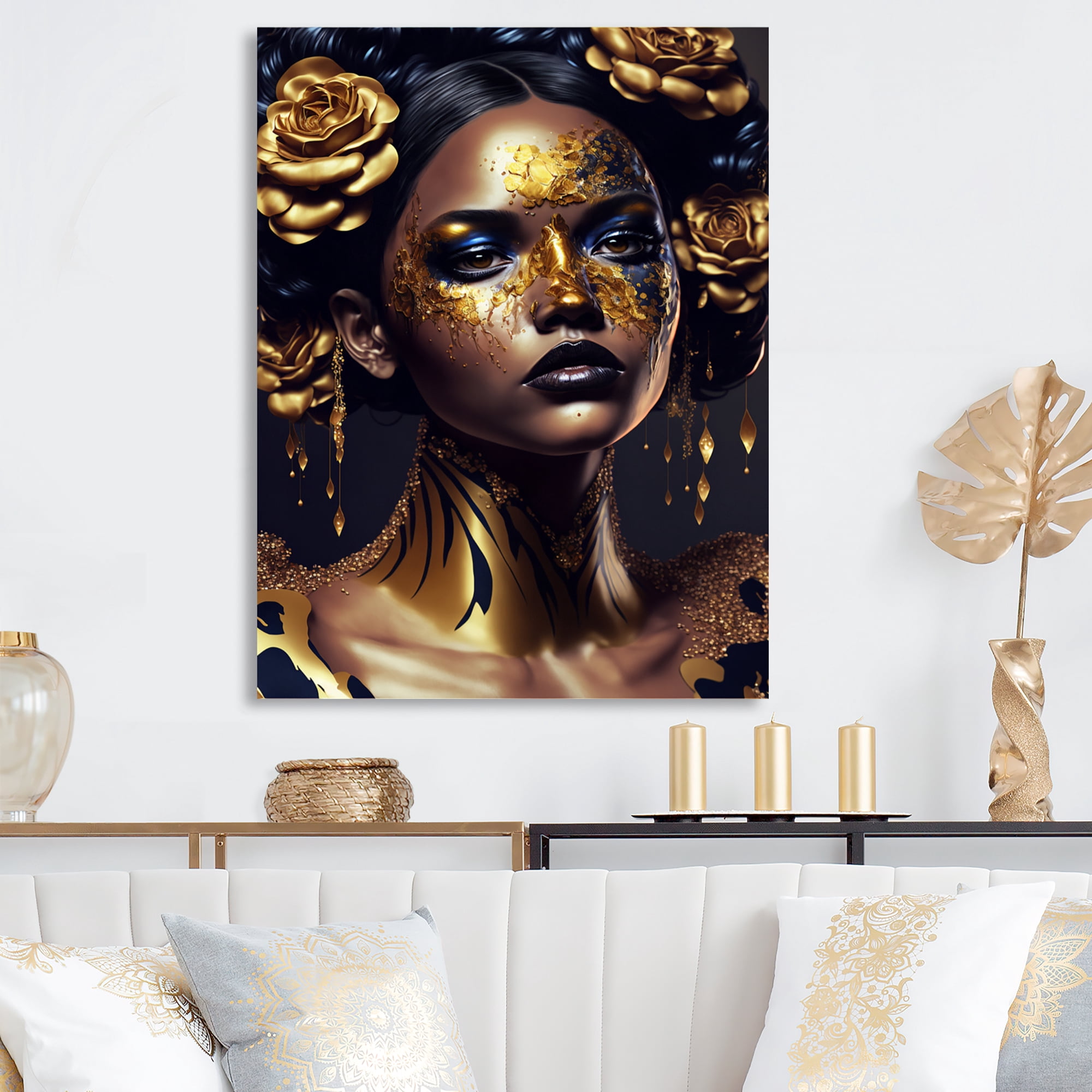 Designart Gold And Black Floral Woman V Canvas Wall Art