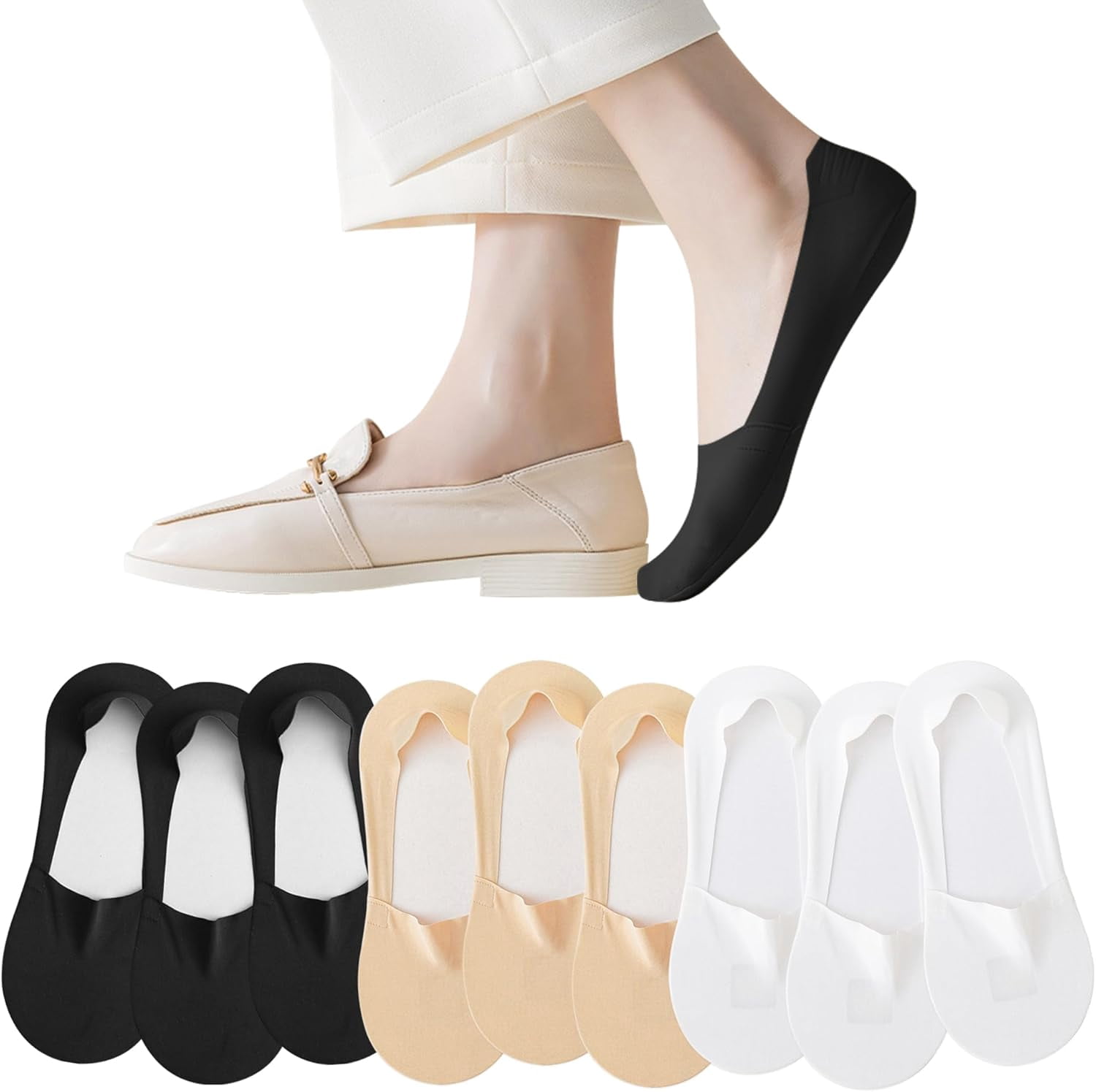 6 Paires Chaussettes Invisibles Femme | Noir/blanc/chair | Anti-dérapantes | Silicone