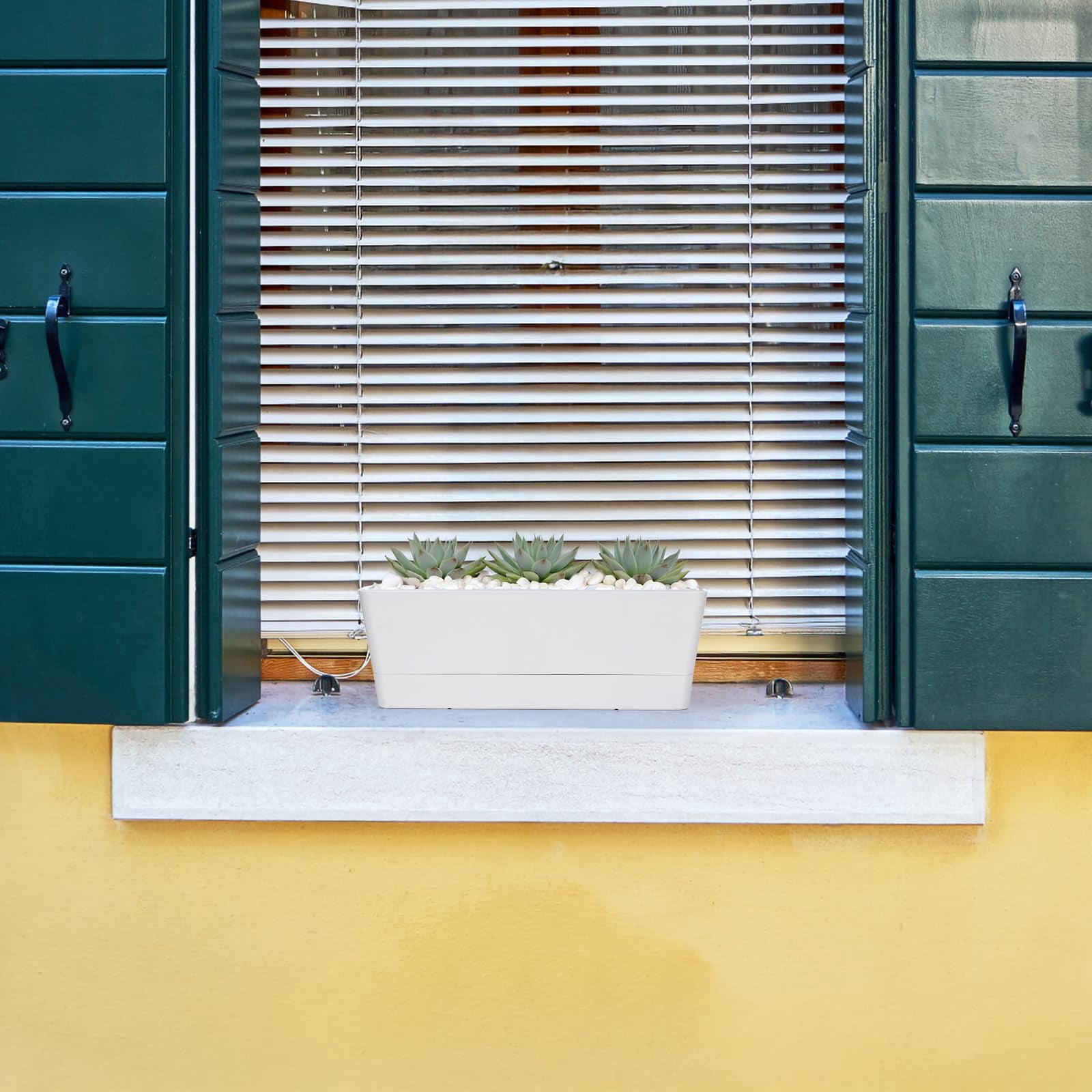 16x3.8 Inch Window Box Planter with Tray, Lightweight Plastic Rectangle Pot for Succulent Cactus, Flower, Vegetable, Herb Gardening, Indoor Outdoor Use
