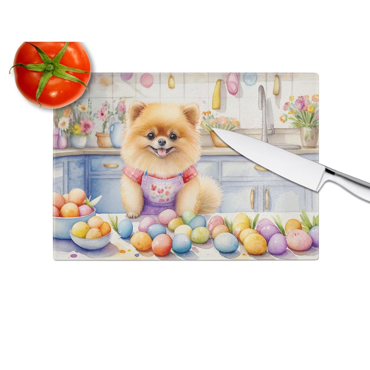 Decorating Easter Pomeranian Glass Cutting Board 12 in x 15 in