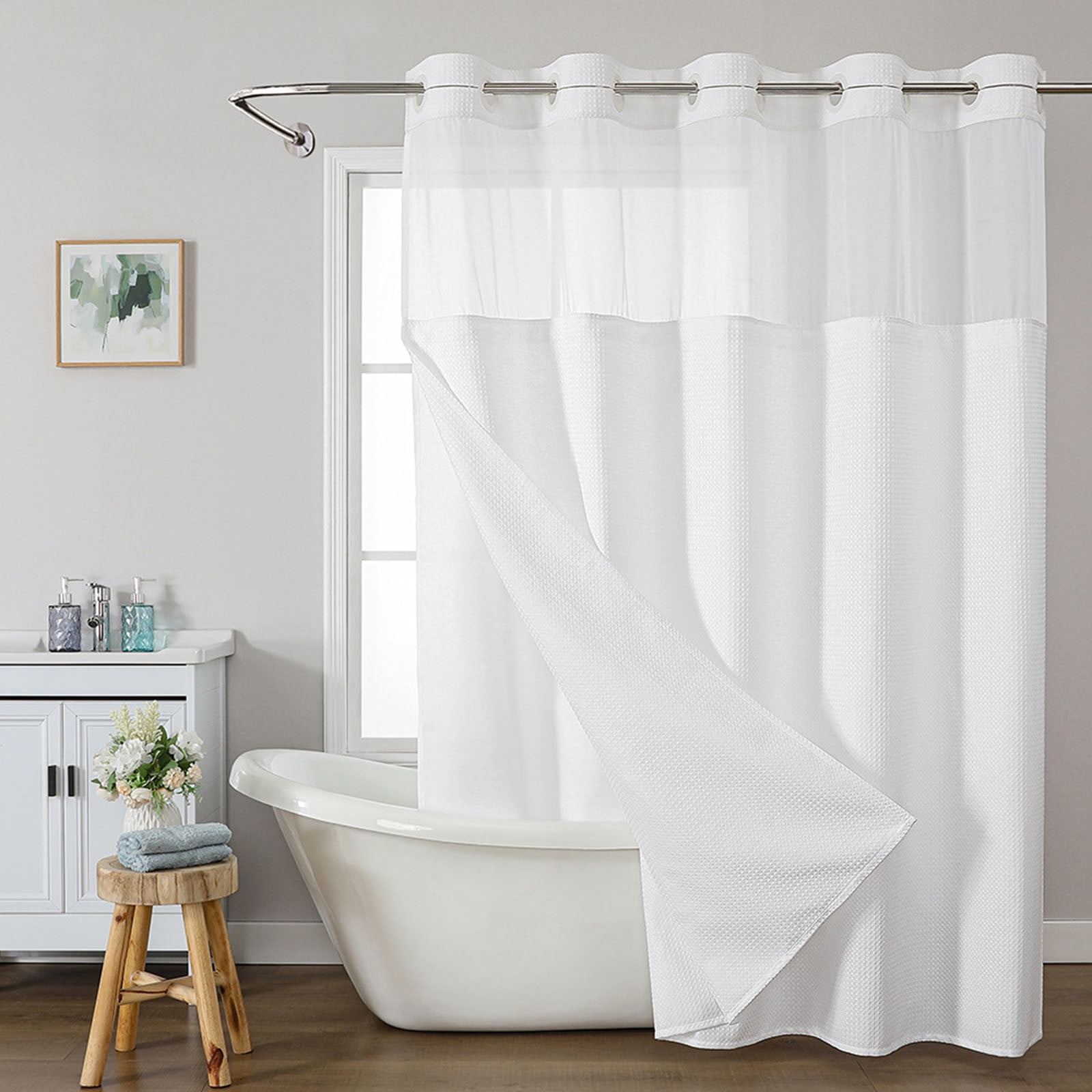 Waffle Weave Heavy Duty Shower Curtains, No Hook Shower Curtain with Snap in Fabric Liner, Hotel Style Waterproof Bathroom Curtain Set, 72 x 63 Inch