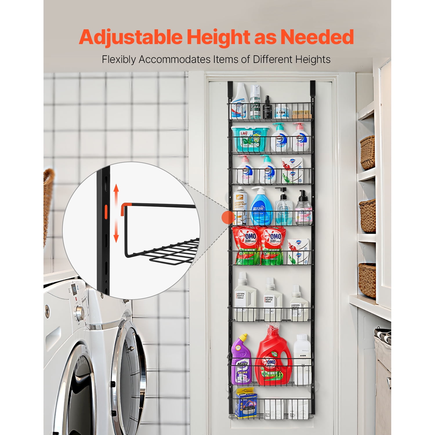 KFFKFF Door-Mounted Pantry Organizer, 8-Level Storage Solution, Robust Steel Constructed Spice Holder, Customizable Wall-Mounted Condiment Shelves, Suitable for Kitchen, Laundry Area, Bathroom, Black