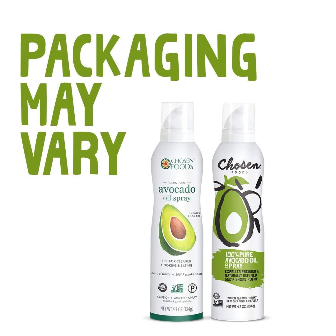 Chosen Foods 100% Pure Avocado Oil Spray 4.7 oz. (2 Pack), Non-GMO, 500°F Smoke Point, Propellant-Free, Air Pressure Only for High-Heat Cooking, Baking and Frying