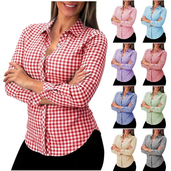 Women's Classic Collar Long Sleeve Blouses Gingham Plaid Button Down Shirts Slim Fit Soft Business Casual Blouse Tops for office Daily Wear Wine