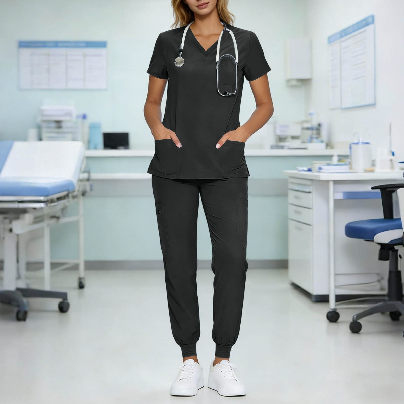 Scrubs for Women Set V-Neck Scrub Top Stretch Jogger Pants Stretchy Scrub Set Womens Workwear Nursing Uniform
