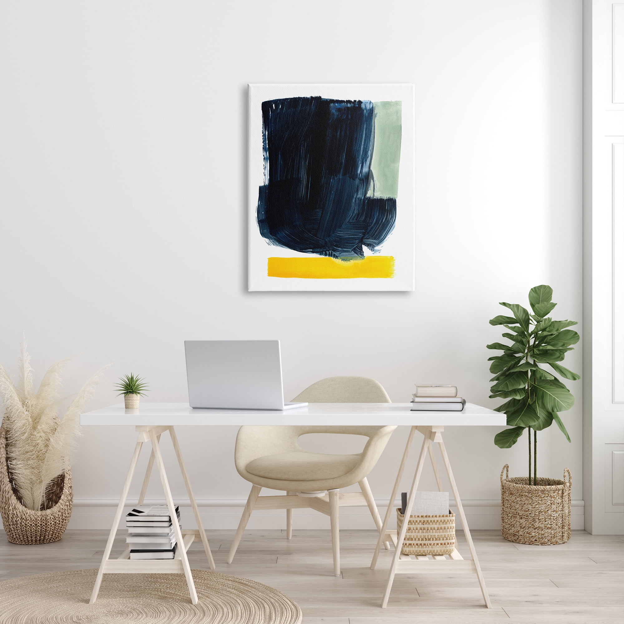 Stupell Industries Modern Blue Field Abstraction Contrasting Yellow Green Abstract Painting Gallery Wrapped Canvas Print Wall Art, 30 x 40