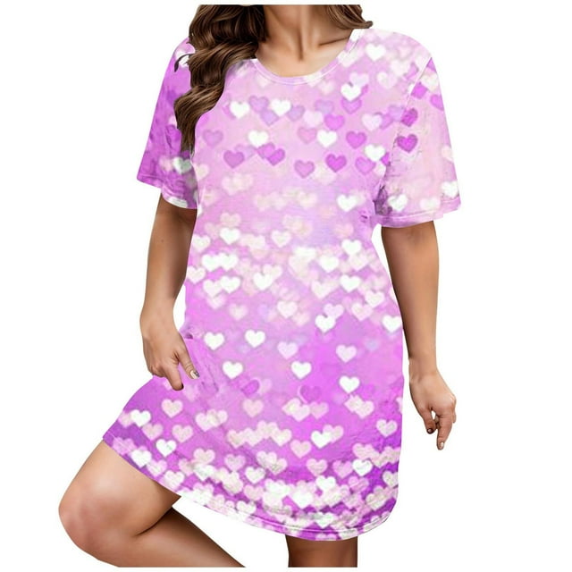 Kelon Nuisettes et Chemises de Nuit pour Femmes Grande Taille Robe de Nuit Décontractée pour Femmes Grande Taille Imprimé Cœur Manches Courtes Col Rond Extensibilité Moyenne Nuisette Ample Robe de Nuit de la Saint-Valentin