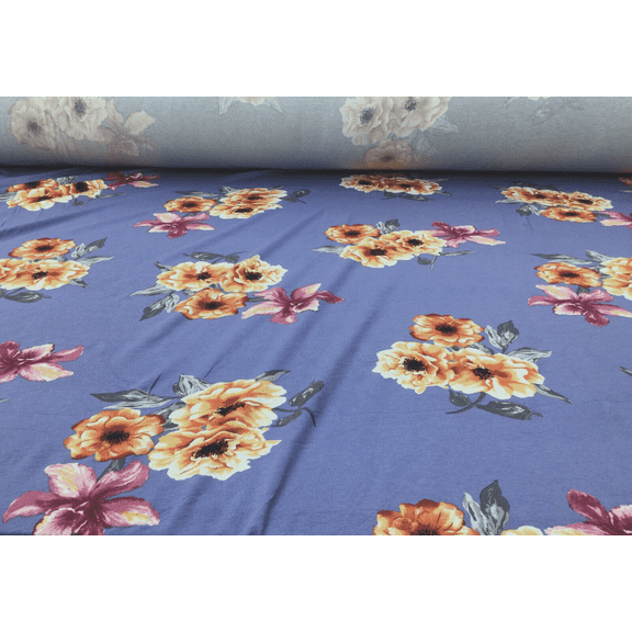 Printed Rayon Spandex 4 way Stretch Apparel Fabric Slate Blue Orange Floral G201