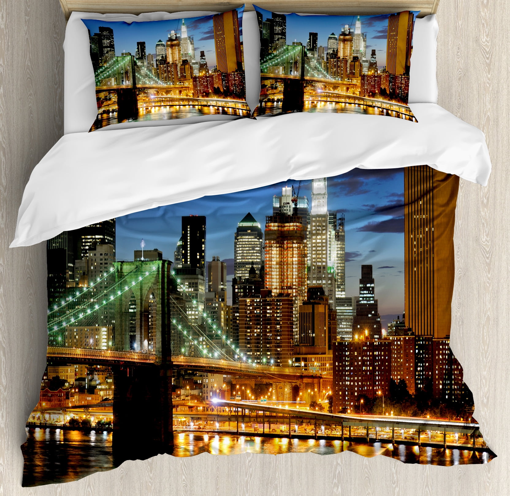 City Duvet Cover Set, New York at Night with Brooklyn Bridge