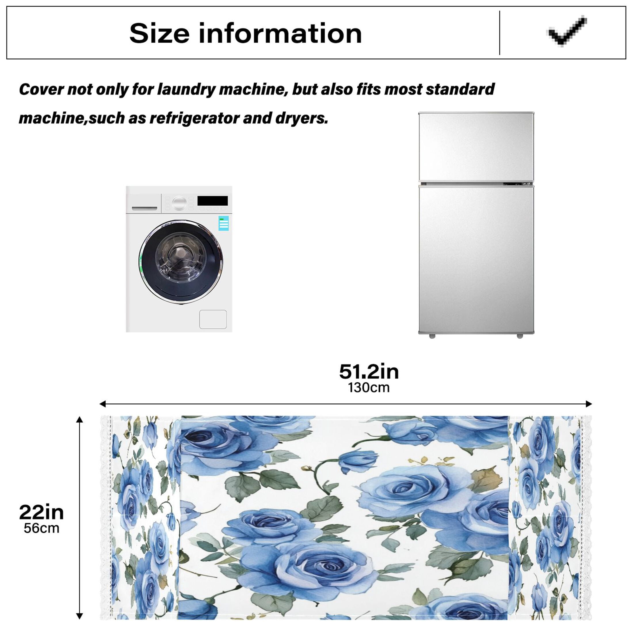Blue RoseWasher and Dryer Covers Dust-Proof and Oil Resistant Fridge Cover with 4 Storage Pockets Washing Machine Top Cover for Laundry Kitchen Home 51.2 x 22 In