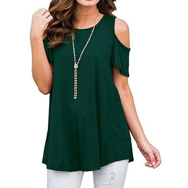 DYMADE Womens Cold Shoulder Soild Casual Tunic Blouse Tops