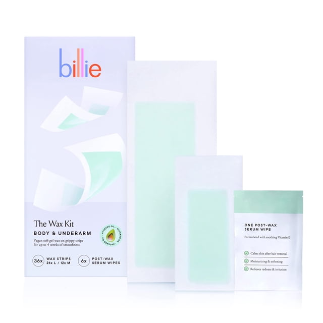 Kit de depilación Billie para cuerpo y axilas con 36 bandas y 6 toallitas sérum