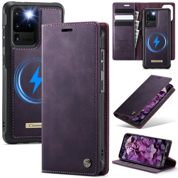 Detachable Wallet Case For Samsung Galaxy S20 Ultra [RFID Blocking] Flip Folio [Compatible with MagSafe] Vintage Leather Purse Magnetic Clasp 2 in 1 Removable Card Holder Stand Cover,Purple