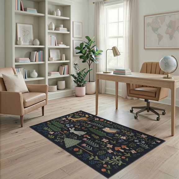 ODIKA 4'x6' Black Forest Design Washable Area Rug Enchanted Woodland Creatures Pattern for Home Office, Under Desk, Non-Slip Chair-Friendly, Flatwoven