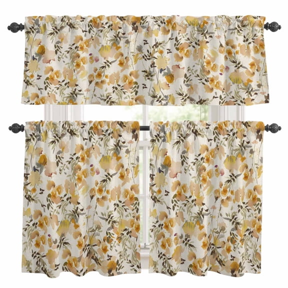 Vintage Orange Flower Kitchen Curtains Sets for Windows 24 Inch Length, Farmhouse Botanical Floral Retro Rod Pocket Window Treatments Tier Curtains and Valances Set for Bedroom/Bathroom