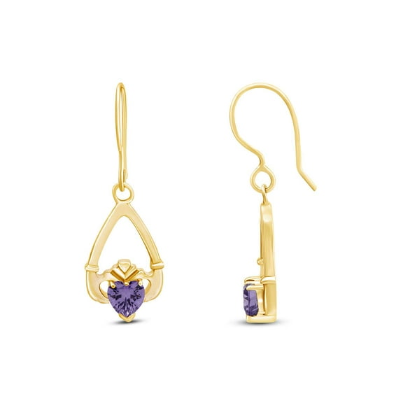 AFFY Simulated Alexandrite Claddagh Drop Earrings In Yellow Gold Over Sterling Silver