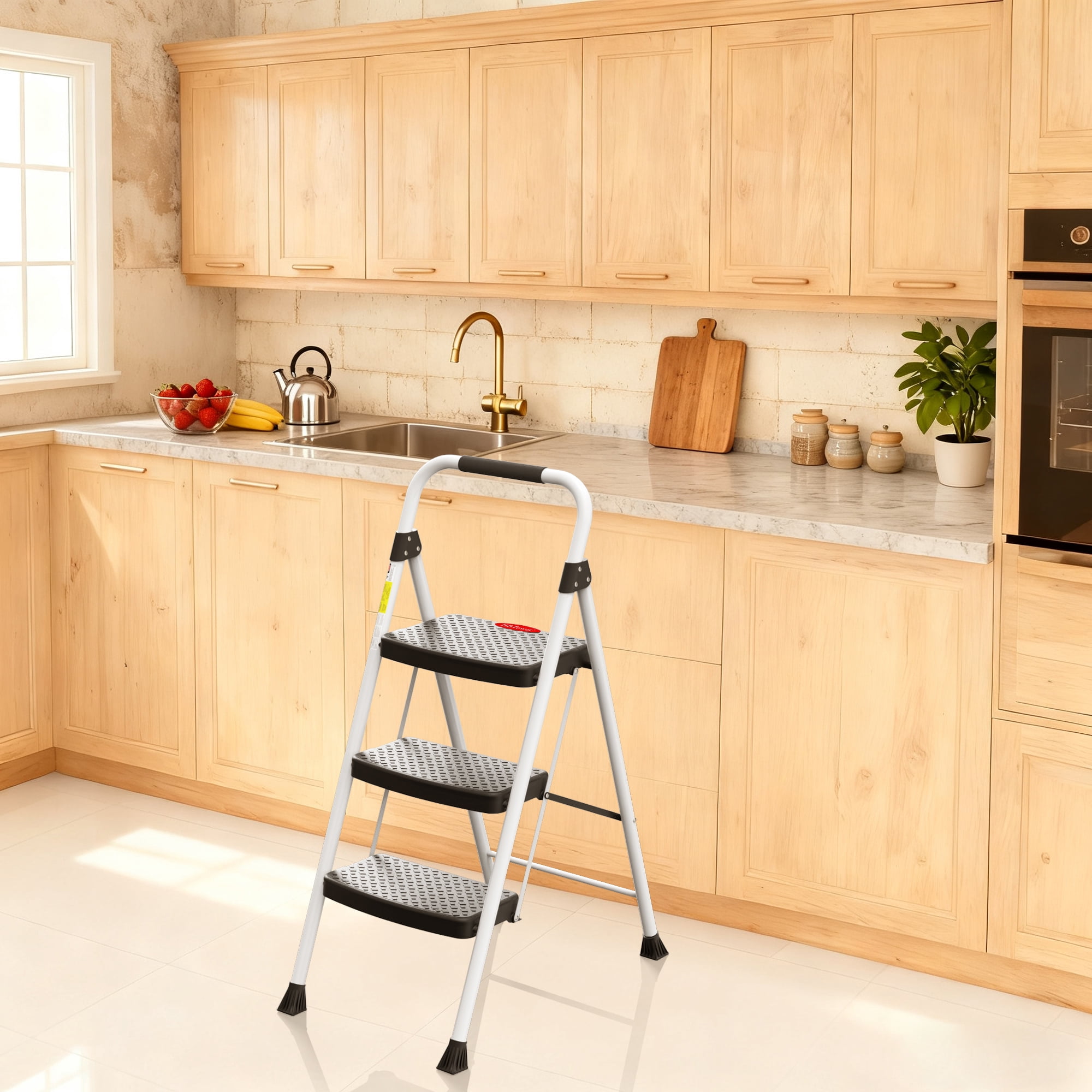 HBTower 3 Step Steel Ladder with Snap-Lock, 330 lbs Capacity, White