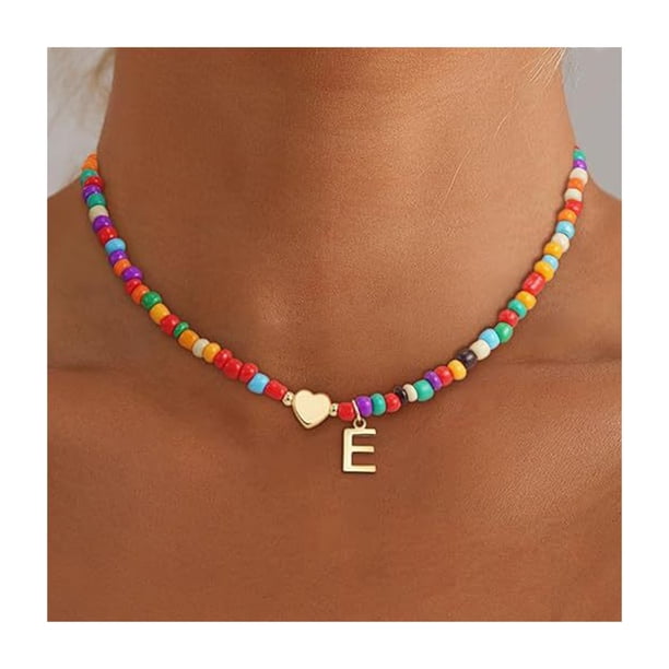 Gargantilla de cuentas para mujer, collar de cuentas de colores, collar con colgante inicial, gargantilla con inicial de corazón, regalo de cumpleaños para niñas, esposas y novias.