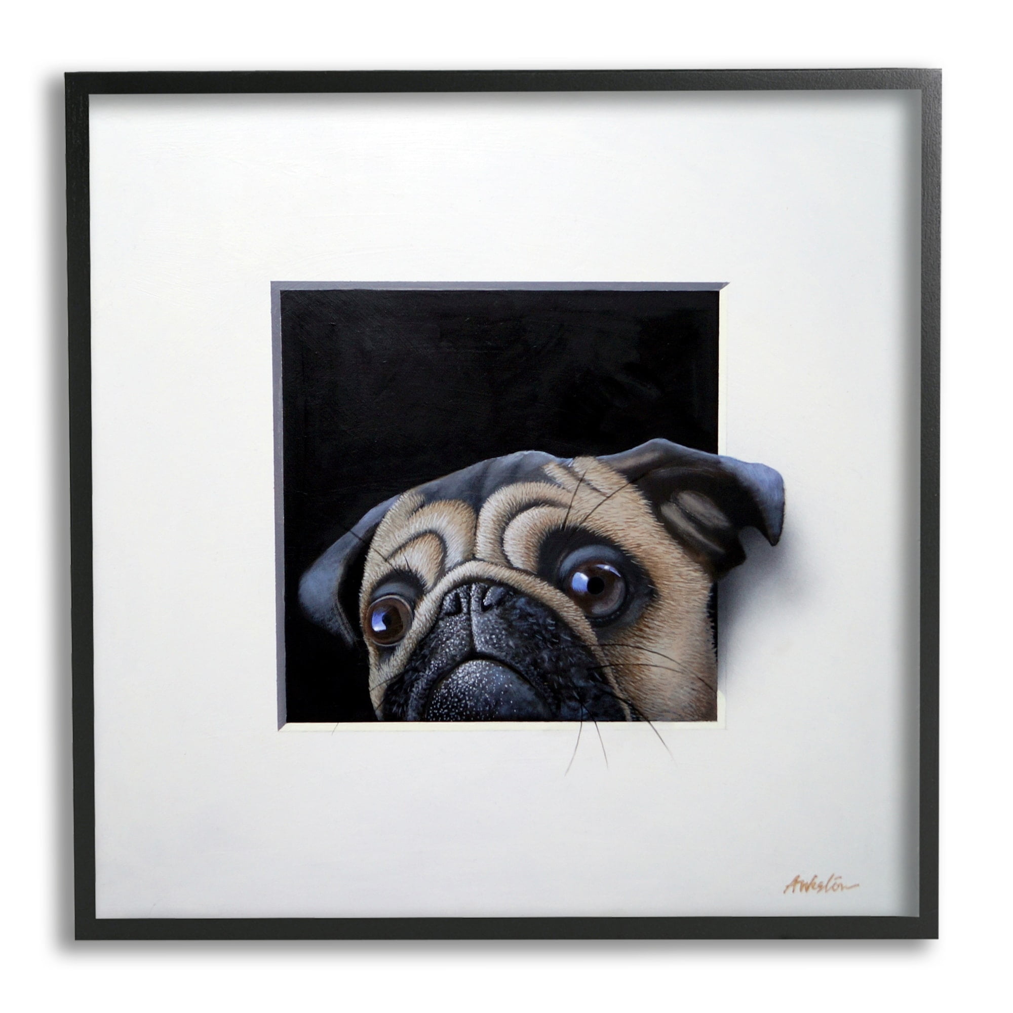 Stupell Industries Pug Peeking Optical Illusion Square Detailed Painting Painting White Framed Art Print Wall Art, Design by Alan Weston