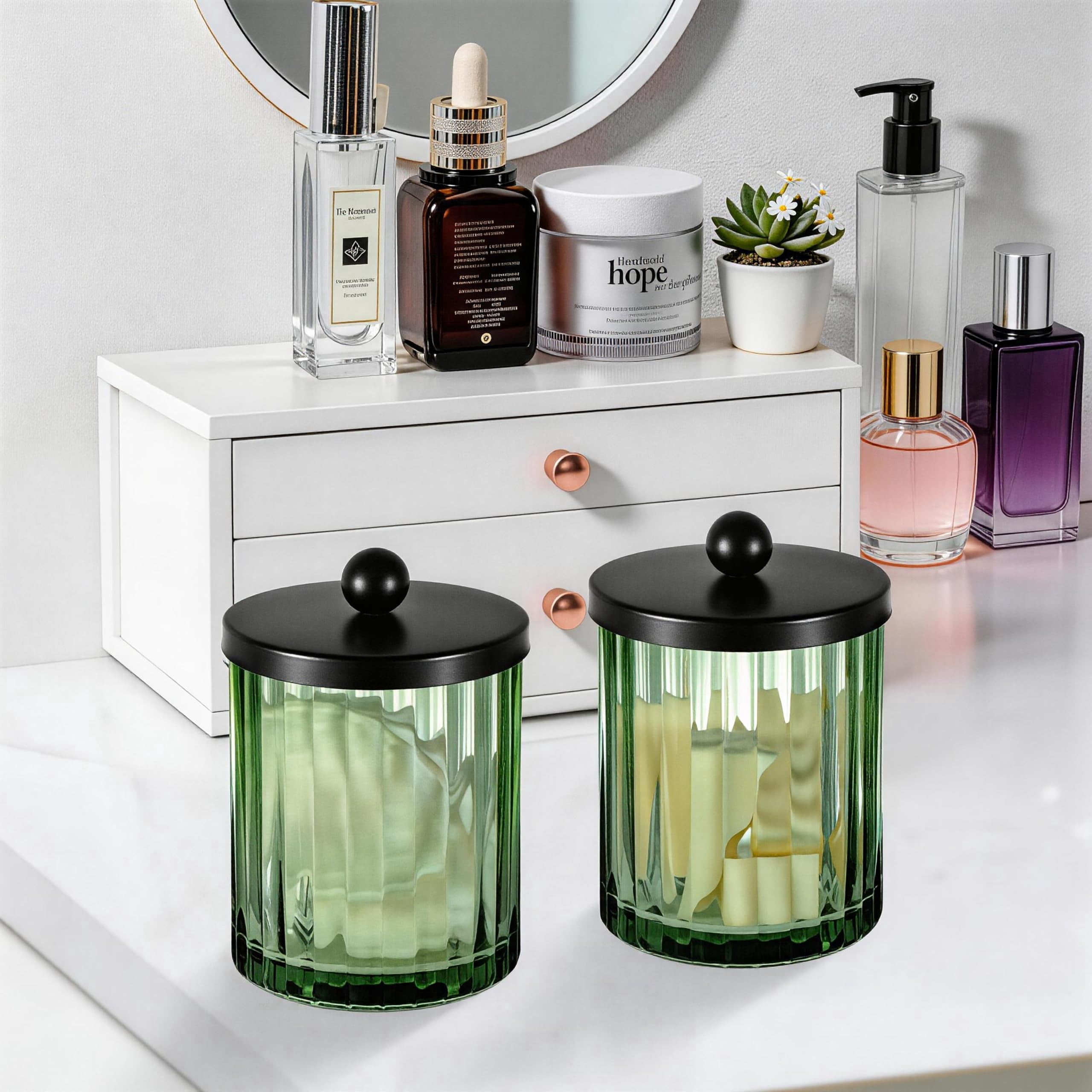 Sage Green Glass Apothecary Jar, Qtip Holder Dispenser for Cotton Swabs, Balls, Makeup Pads, Floss Picks, Bathroom Essential Accessories, Countertop Canister Storage Organizer (Black, 2 Pack)