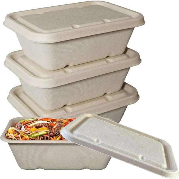 (50 Pack) EcoQuality 24oz Disposable Bowls with Fiber Lids Rectangular Compostable Sugarcane