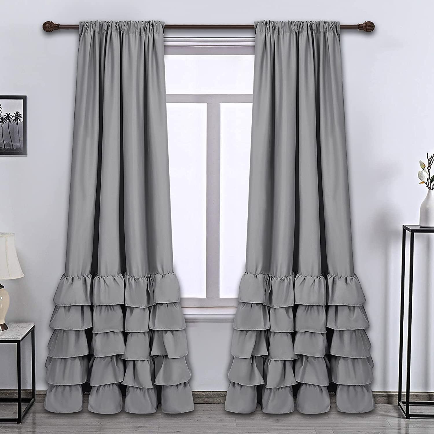 Alishomtll Grey Ruffle Curtains, Semi Sheer Curtains Rod Pocket Drapes
