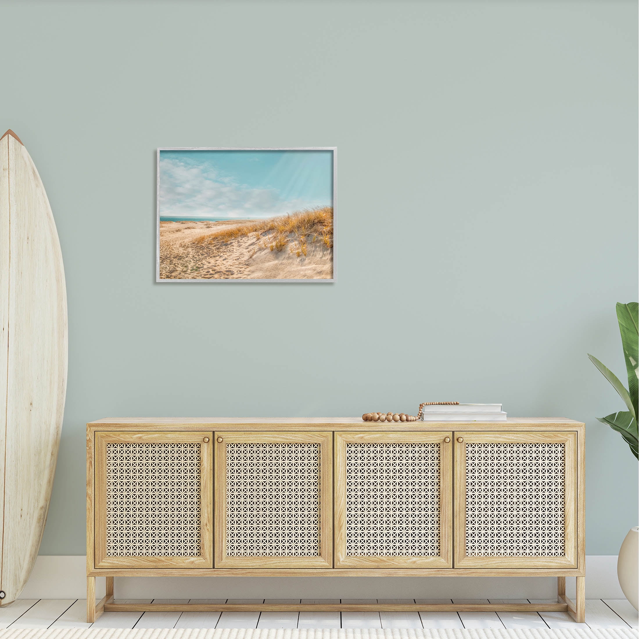 Sandy Ocean Beach Sun Rays Coastal Photograph Gray Framed Art Print Wall Art