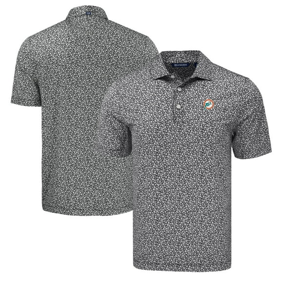Men's Cutter & Buck Black Miami Dolphins Pike Eco Flora Print Polo