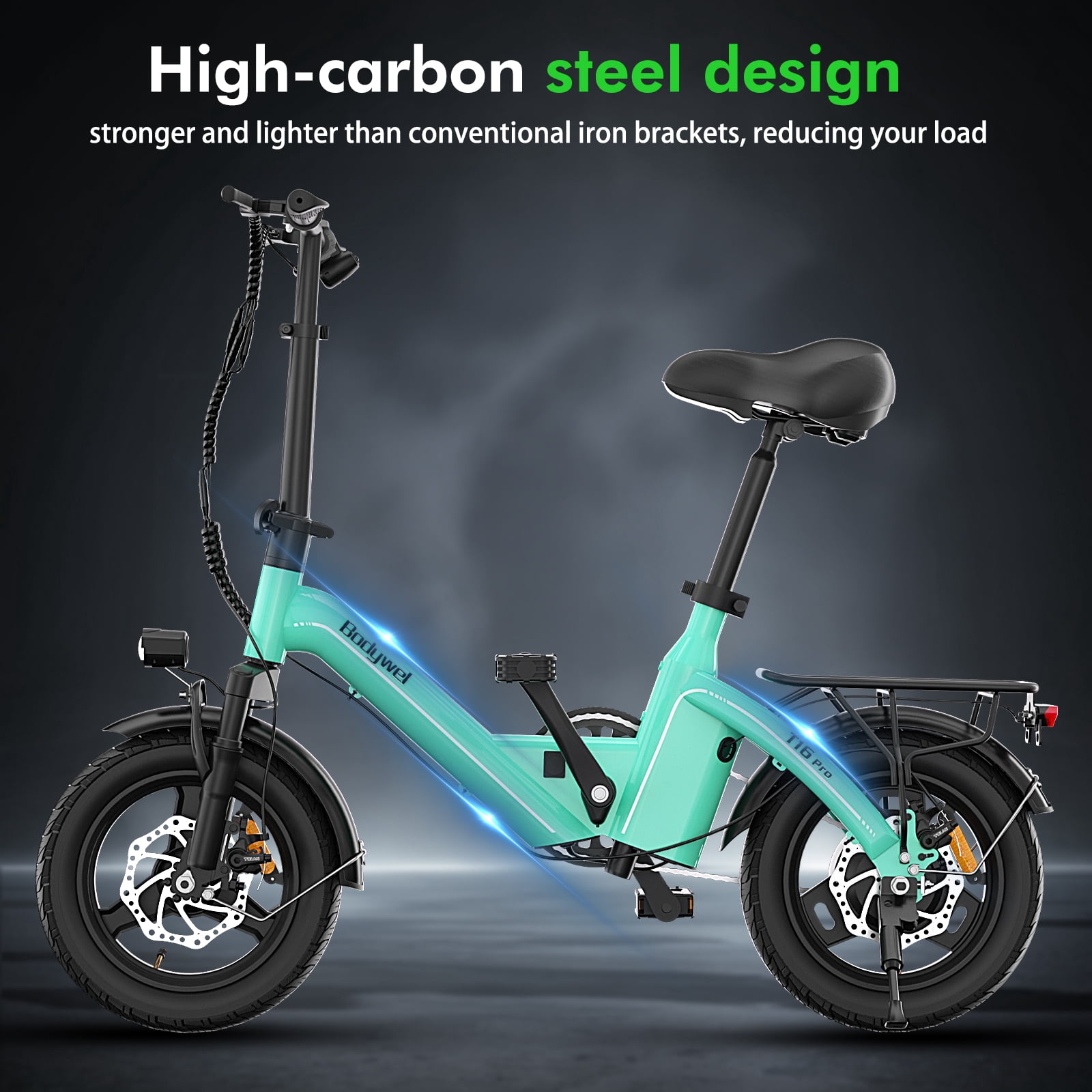 Bodywel T16Pro Electric Bike, Electric Bicycle with Peak 500W Motor, 14" Foldable Ebike, 36V 13Ah Battery, 25 Miles, Mini E Bikes for Adults, UL2849