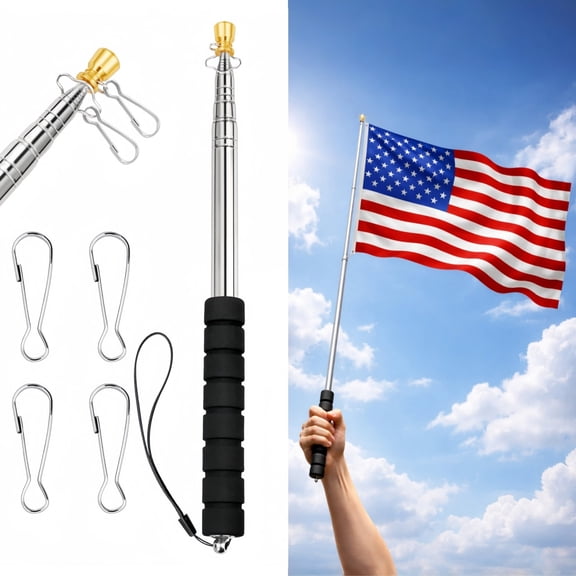 Telescoping Flag Pole, Portable Flag Pole for Carrying, 8.2FT/2.5M Stainless Steel Handheld Flag Pole with 4 Clips, Extendable for 3x5 and 4x6 Flags