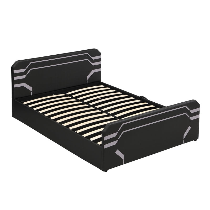 Queen Size PU Leather Gaming Bed Frame with Hydraulic Storage, Cyberpunk Style Platform Bed with Futuristic Pattern Headboard
