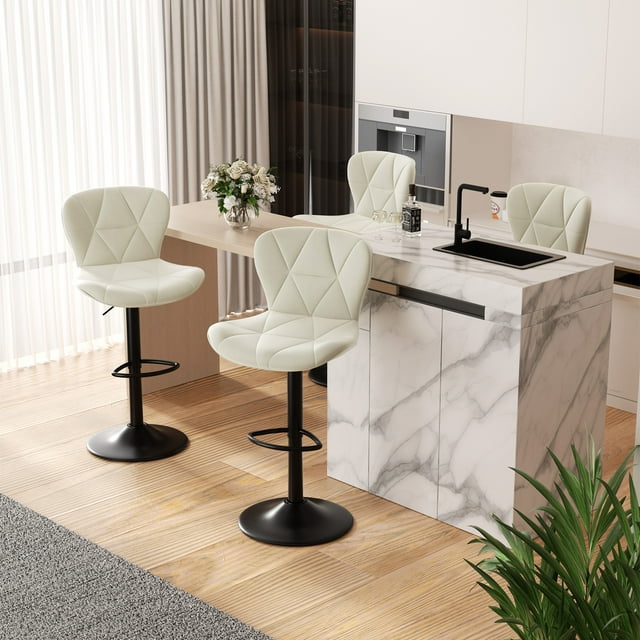 Hawsaiy Modern Bar Stools Set of 4, Adjustable Faux Leather Upholstered Swivel Bar Stools, Counter Height Bar Chairs with Back for Kitchen Island, White