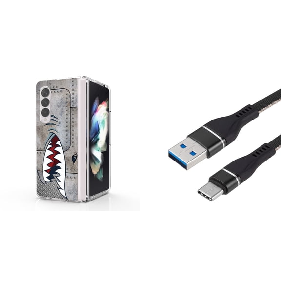 Accessory Bundle for Galaxy Z Fold 4: Slim Snap-On Case (Metal Shark), Nylon Braided USB-C to USB-A Cable (3 Feet)