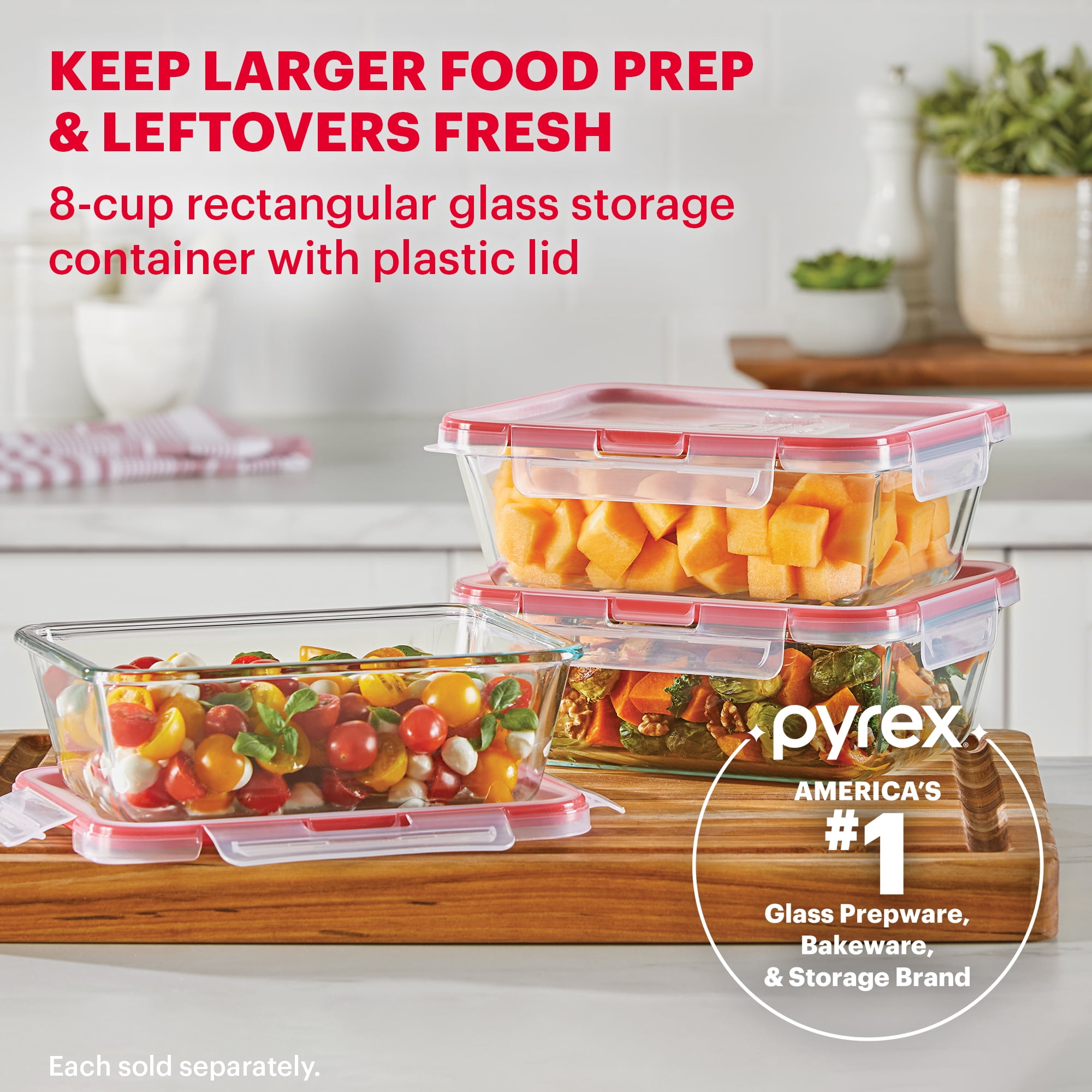 Pyrex Freshlock 8cup Rectangle Glass Food Storage Container with Lid, Best Used for Leftover Storage for Larger Meal Preps and Reheating
