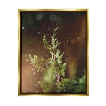 Winter Snowfall Night Pine Tree Holiday Photograph Metallic Gold Framed Art Print Wall Art