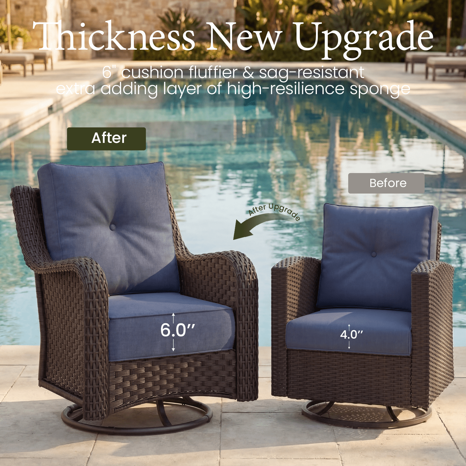 LayinSun 3 Piece Wicker Outdoor Furniture Set with 6-inch Comfy Cushions, High Back Patio Furniture Set with Rattan Armchairs and Side Table