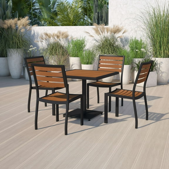 Emma   Oliver Outdoor Patio Bistro Dining Table Set with 4 Chairs and Faux Teak Poly Slats