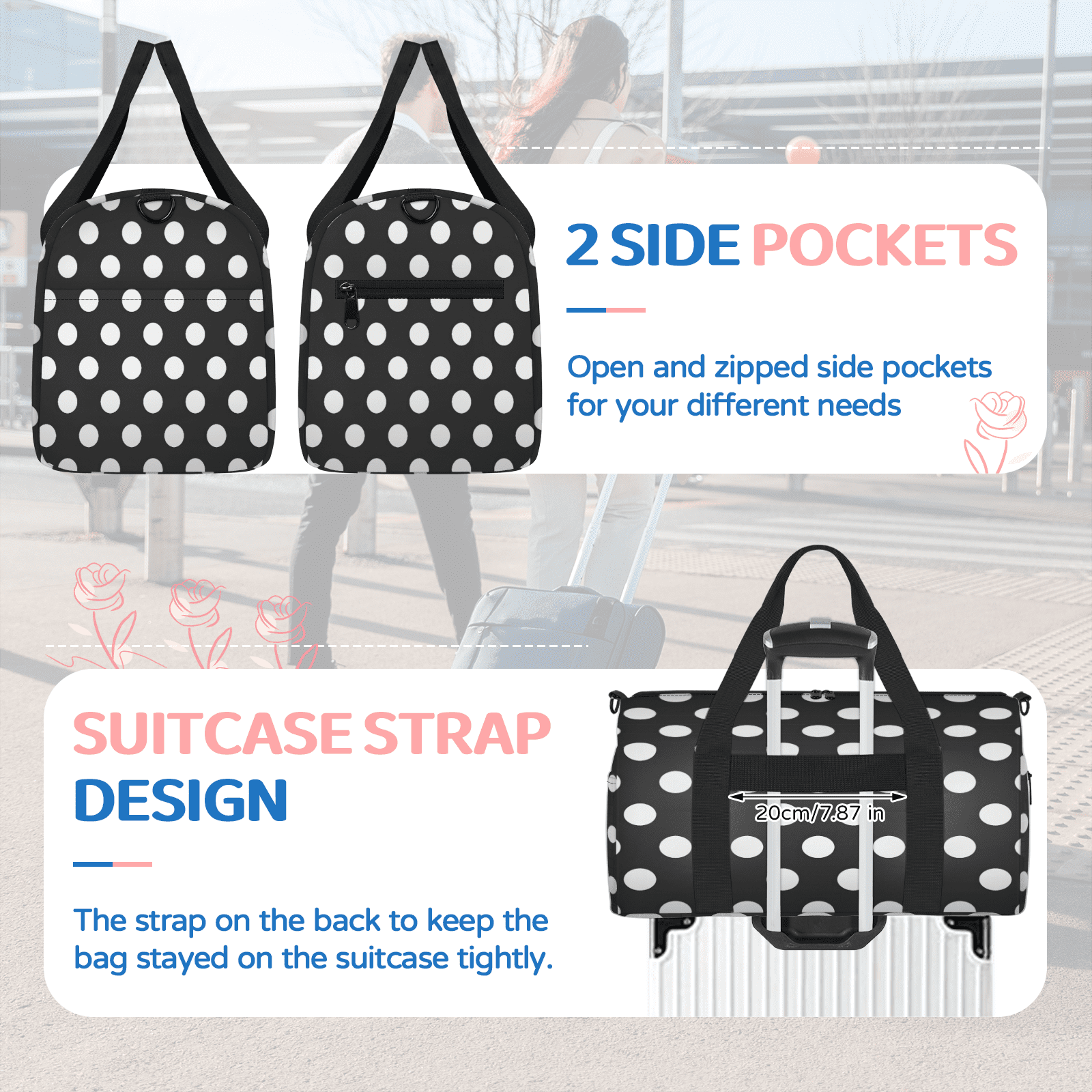 Herdesigns Black And White Polka Dots Travel Duffle Bag Sports Yoga Weekender Overnight Carry on Workout Bags Lightweight Waterproof Gym Tote Bag for Women