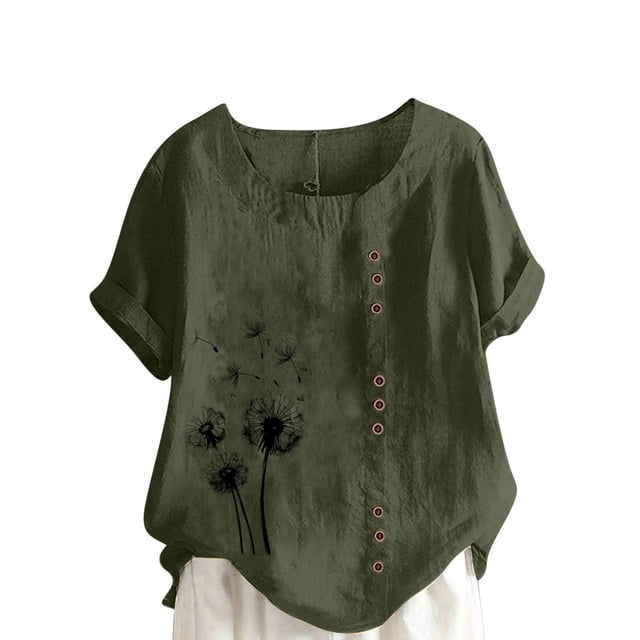 VSSSJ Chemise pour Femmes Coupe Décontractée Imprimé Pissenlit Boutons devant Hauts Décontractés Manches Courtes Col Rond Blouse d'Été Confortable Vert Foncé L