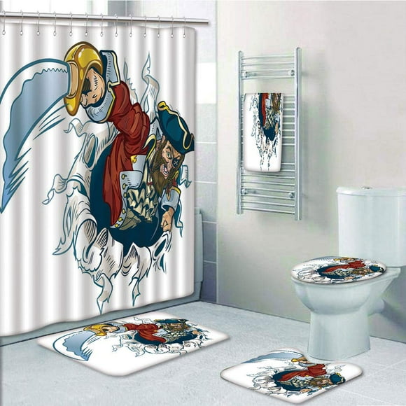 EREHome Pirate Cartoon Corsair Buccaneer Rips Out of Backdrop Effect Brandishing a Cutlass 5 Piece Bathroom Set Shower Curtain Bath Towel Bath Rug Contour Mat and Toilet Lid Cover