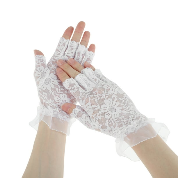 Guantes sin dedos bloqueadores de sol de encaje únicos para mujeres, color blanco.