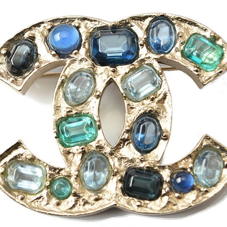 Chanel Gold-Tone Engraved Brooch - Blue | Editorialist CHANEL Blue Brooch main image 1