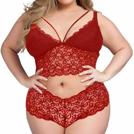 

Womens Lingerie 2 Piece Plus Size V Neck High Waist Floral Lace Bra And Panty No Underwire Nightgowns