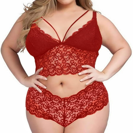 

Yubnlvae Plus Size Lingerie V Neck High Waist Floral Lace Bra And Panty 2 Piece Set No Underwire